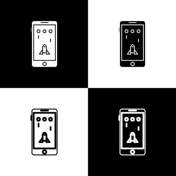 Establecer Smartphone y jugar en el icono del juego aislado sobre fondo blanco y negro. Concepto de juego móvil. Ilustración vectorial — Vector de stock