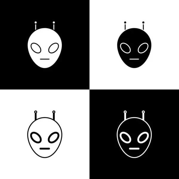 흑백 배경에 격리 된 외계인 아이콘을 설정합니다. 외계 외계인의 얼굴이나 머리 기호입니다. 벡터 일러스트레이션 — 스톡 벡터
