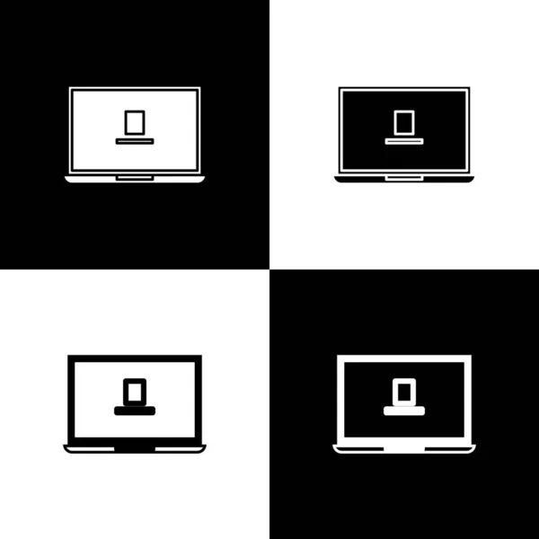 Setzen Sie das Laptop-Symbol isoliert auf schwarzem und weißem Hintergrund. Computer-Notizbuch mit leerem Bildschirm. Vektorillustration — Stockvektor