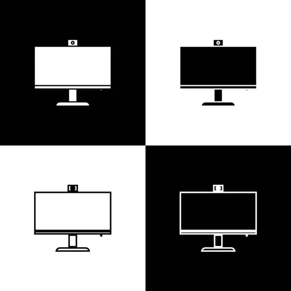 Impostare l'icona del monitor del computer isolato su sfondo bianco e nero. Segno componente PC. Illustrazione vettoriale — Vettoriale Stock
