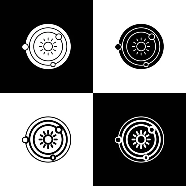 Impostare l'icona del sistema solare isolato su sfondo bianco e nero. I pianeti ruotano attorno alla stella. Illustrazione vettoriale — Vettoriale Stock