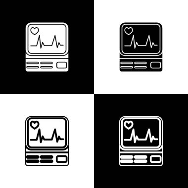 Bilgisayar monitörünü siyah beyaz arkaplanda izole edilmiş kardiyogram simgesi ile ayarla. Simge denetleniyor. Kalp atışı elle çizilmiş EKG monitörü. Vektör İllüstrasyonu