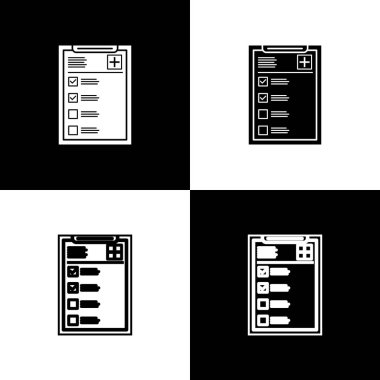 Siyah beyaz arka planda izole klinik kayıt simgesi ile Tıbbi pano ayarlayın. Sağlık sigortası formu. Reçete, tıbbi kontrol izleri raporu. Vektör İllüstrasyonu