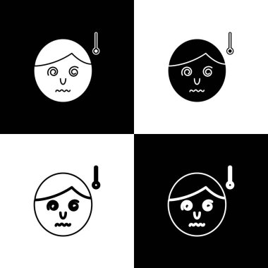 Yüksek vücut ısısını ayarlayın ya da ateş ikonunu siyah beyaz arkaplanda izole edin. Hastalık, soğuk algınlığı, grip belirtileri. Vektör İllüstrasyonu