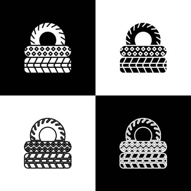 Araba lastiği simgesini siyah beyaz arkaplanda izole et. Vektör İllüstrasyonu