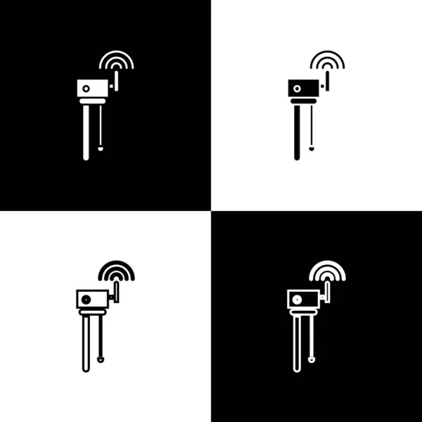 Defina o ícone do símbolo do sinal do roteador e wi-fi isolado no fundo preto e branco. Roteador de modem sem fio ethernet. Internet de tecnologia de computador. Ilustração vetorial — Vetor de Stock