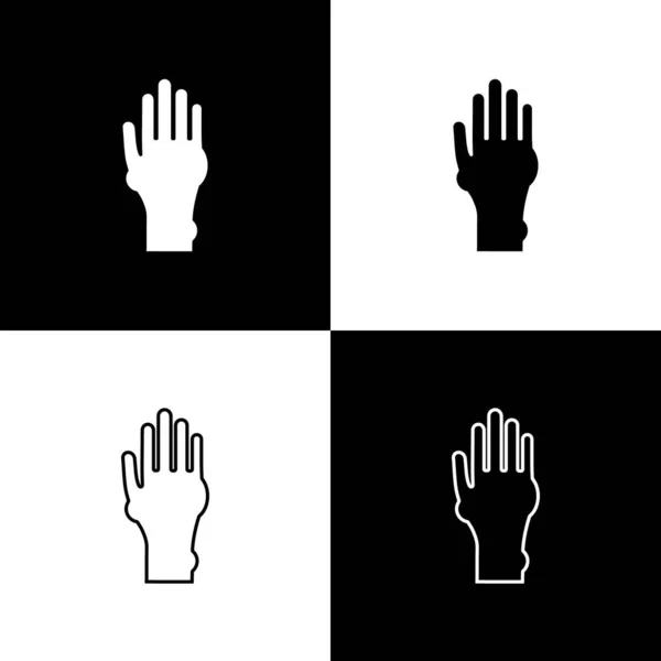 Set Mano con icono de psoriasis o eczema aislado sobre fondo blanco y negro. Concepto de respuesta de la piel humana al alérgeno o al problema crónico del cuerpo. Ilustración vectorial — Vector de stock