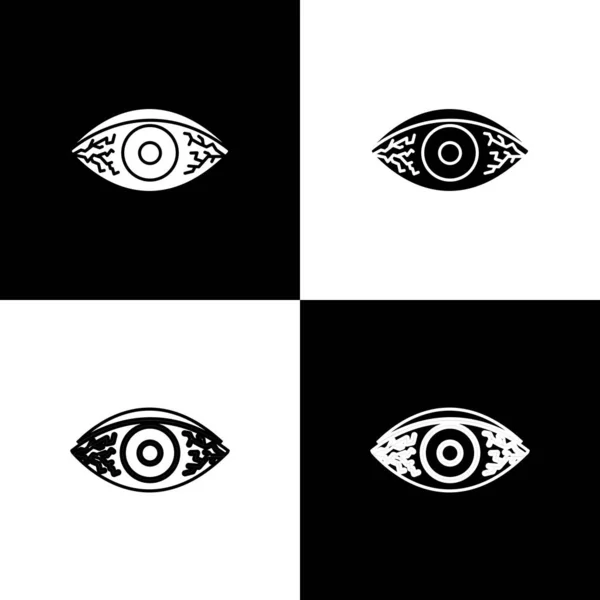 Set Ojo rojizo por conjuntivitis viral, bacteriana o alérgica aislada sobre fondo blanco y negro. Ilustración vectorial — Vector de stock