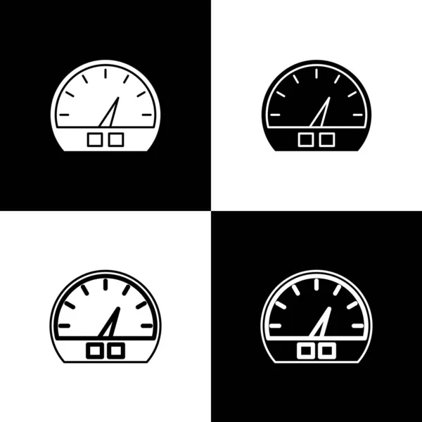 Defina o ícone do velocímetro isolado no fundo preto e branco. Ilustração vetorial —  Vetores de Stock