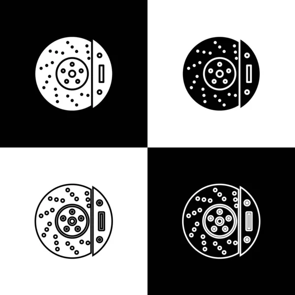 Set Disco de freno de coche con icono de pinza aislado sobre fondo blanco y negro. Ilustración vectorial — Vector de stock