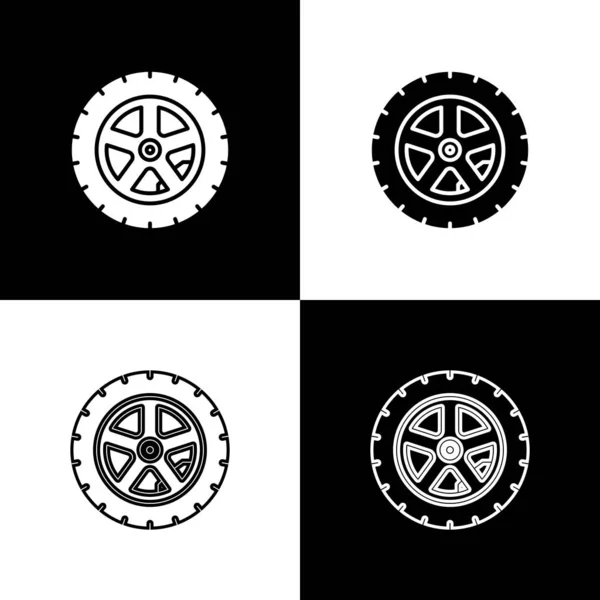 Установить значок колеса автомобиля, выделенный на черно-белом фоне. Векторная миграция — стоковый вектор