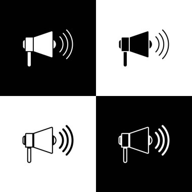 Megafon simgesini siyah beyaz arkaplanda izole et. Yüksek sesle konuşma uyarısı. Ağızlık için megafon, terfi diye bağırıyor. Vektör İllüstrasyonu