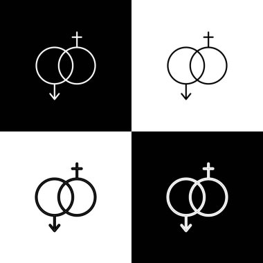 Siyah beyaz arkaplanda cinsiyet simgesini ayır. Erkek ve kadın sembolleri. Seks sembolü. Sevgililer Günü konsepti. Vektör İllüstrasyonu