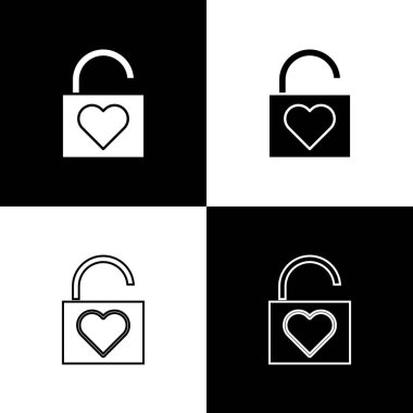 Kilit ve kalp simgesini siyah ve beyaz arkaplanda ayır. Kilitli Kalp. Aşk sembolü ve anahtar deliği işareti. Sevgililer Günü sembolü. Vektör İllüstrasyonu
