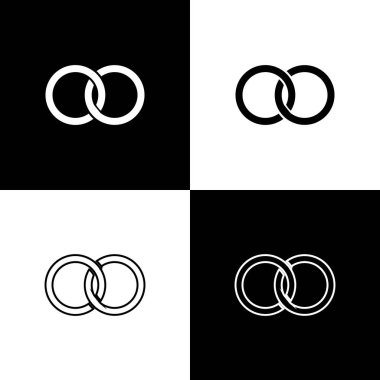 Alyans simgesini siyah beyaz arkaplanda izole et. Gelin ve damat mücevher tabelası. Evlilik ikonu. Elmas yüzük ikonu. Vektör İllüstrasyonu