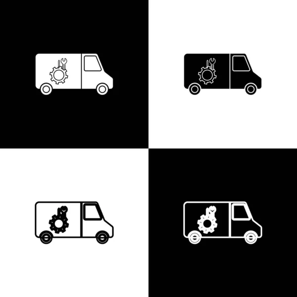 Imposta l'icona del servizio auto isolata su sfondo bianco e nero. Servizio di riparazione meccanico automatico. Segnale di manutenzione. Illustrazione vettoriale — Vettoriale Stock