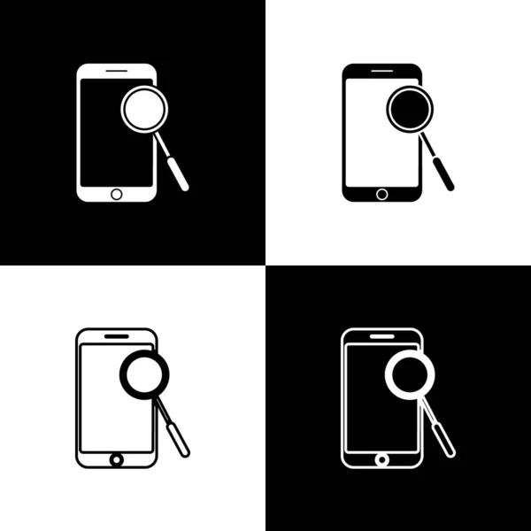 Definir ícone de diagnóstico de telefone móvel isolado no fundo preto e branco. Ajustar aplicativo, serviço, opções de configuração, manutenção, reparo, fixação. Ilustração vetorial — Vetor de Stock