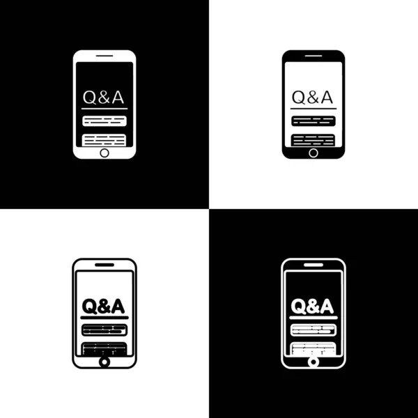 Zestaw Telefon komórkowy z ikoną pytania i wykrzyknika izolowany na czarno-białym tle. Najczęściej zadawane pytania. Ilustracja wektora — Wektor stockowy