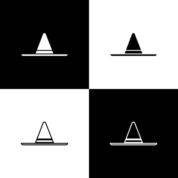 Set Tuinman, boer of landbouwer hoed pictogram geïsoleerd op zwart-wit achtergrond. Vector Illustratie — Stockvector
