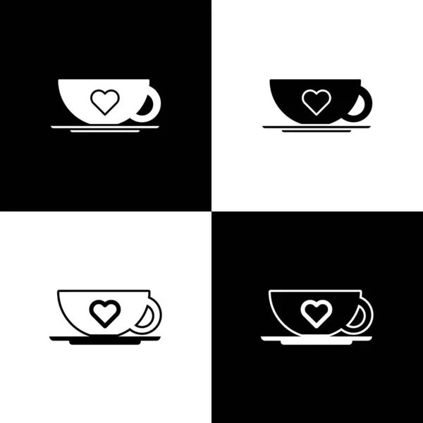 Set Taza de café e icono del corazón aislados sobre fondo blanco y negro. Un par de cafés para los amantes el día de San Valentín. Ilustración vectorial — Vector de stock