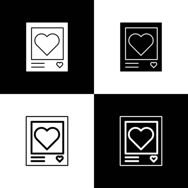 Définir les cadres photo vides et l'icône des cœurs isolés sur fond noir et blanc. Symbole de la Saint Valentin. Illustration vectorielle — Image vectorielle