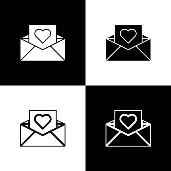 Set boríték Valentin szív ikon elszigetelt fekete-fehér háttér. Üzenetszeretet. Levél szerelem és romantika. Vektorillusztráció — Stock Vector
