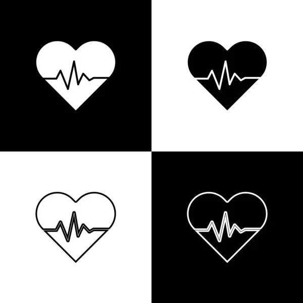 Définir l'icône de fréquence cardiaque isolée sur fond noir et blanc. Signe de battement de coeur. Icône pouls cardiaque. Icône de cardiogramme. Illustration vectorielle — Image vectorielle