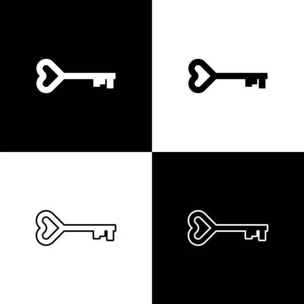 Set Key i hjärtform ikon isolerad på svart och vit bakgrund. Alla hjärtans dag symbol. Vektor Illustration — Stock vektor