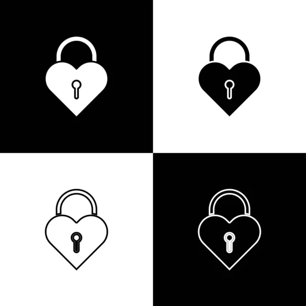 Conjunto Castillo en la forma de un icono del corazón aislado sobre fondo blanco y negro. Corazón bloqueado. Signo de amor y cerradura. Ilustración vectorial — Vector de stock