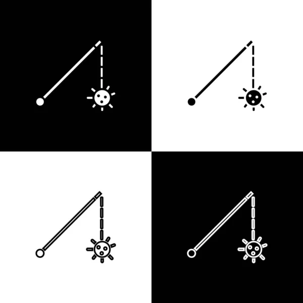 Set médiéval enchaîné icône de balle de masse isolé sur fond noir et blanc. Une arme médiévale. Illustration vectorielle — Image vectorielle
