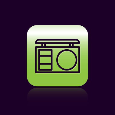 Siyah çizgi göz gölgesi paleti ve siyah arka planda izole fırça ikonu. Yeşil kare düğmesi. Vektör İllüstrasyonu