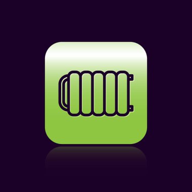 Siyah çizgi ısıtma radyatörü simgesi siyah arkaplanda izole edildi. Yeşil kare düğmesi. Vektör İllüstrasyonu