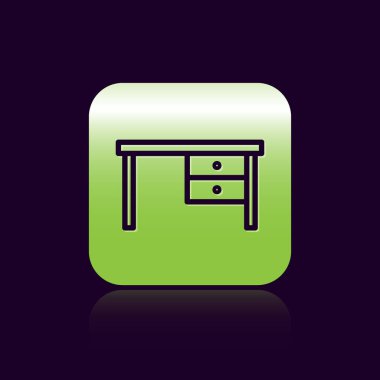 Siyah çizgi ofis masa simgesi siyah arkaplanda izole edildi. Yeşil kare düğmesi. Vektör İllüstrasyonu