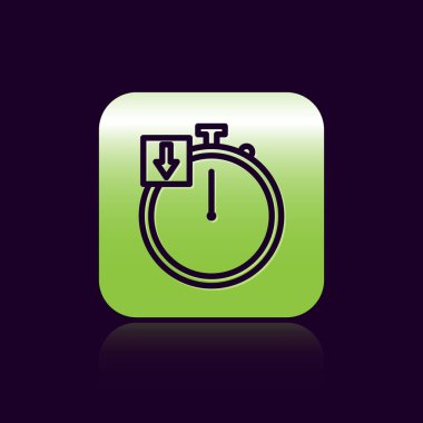 Siyah çizgi Stopwatch simgesi siyah arkaplanda izole edildi. Zaman göstergesi. Kronometre. Yeşil kare düğmesi. Vektör İllüstrasyonu