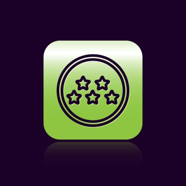 Siyah çizgi Beş yıldızlı müşteri ürün değerlendirme simgesi siyah arkaplanda izole edildi. Favori, en iyi derecelendirme, ödül sembolü. Yeşil kare düğmesi. Vektör İllüstrasyonu