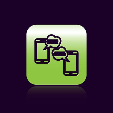 Siyah hat Yeni sohbet mesajları siyah arkaplanda izole edilmiş telefon simgesi. Smartphone sohbet mesajları konuşma baloncukları. Yeşil kare düğmesi. Vektör İllüstrasyonu