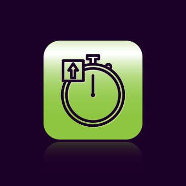 Siyah çizgi Stopwatch simgesi siyah arkaplanda izole edildi. Zaman göstergesi. Kronometre işareti. Yeşil kare düğmesi. Vektör İllüstrasyonu