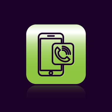 Siyah hat cep telefonu arama simgesi siyah arkaplanda izole edildi. Yeşil kare düğmesi. Vektör İllüstrasyonu