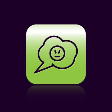 Siyah arkaplanda izole edilmiş kızgın gülümseme ikonu olan siyah çizgi konuşma balonu. Duygusal yüz ifadesi. Yeşil kare düğmesi. Vektör İllüstrasyonu