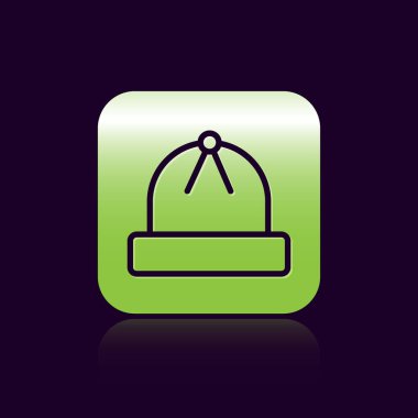 Siyah çizgi kış şapkası simgesi siyah arkaplanda izole edildi. Yeşil kare düğmesi. Vektör İllüstrasyonu