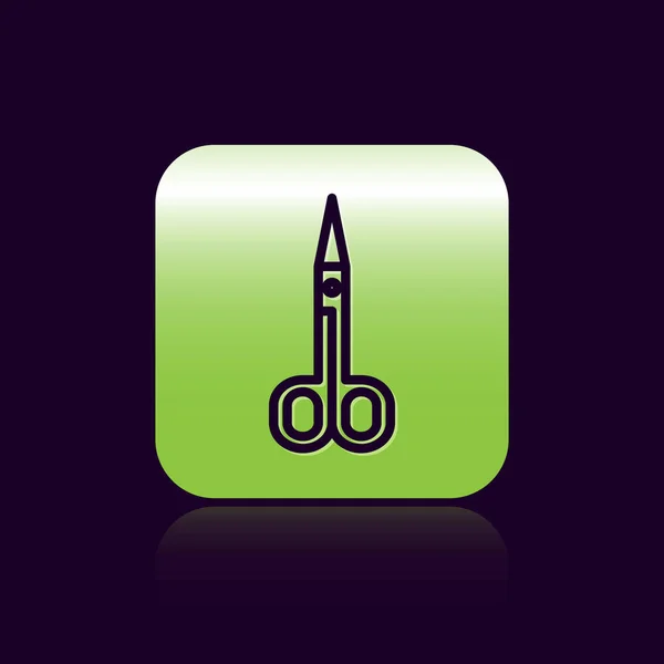 Černá čára Nůžky ikona izolované na černém pozadí. Značka řezného nástroje. Zelený knoflík. Vektorová ilustrace — Stockový vektor