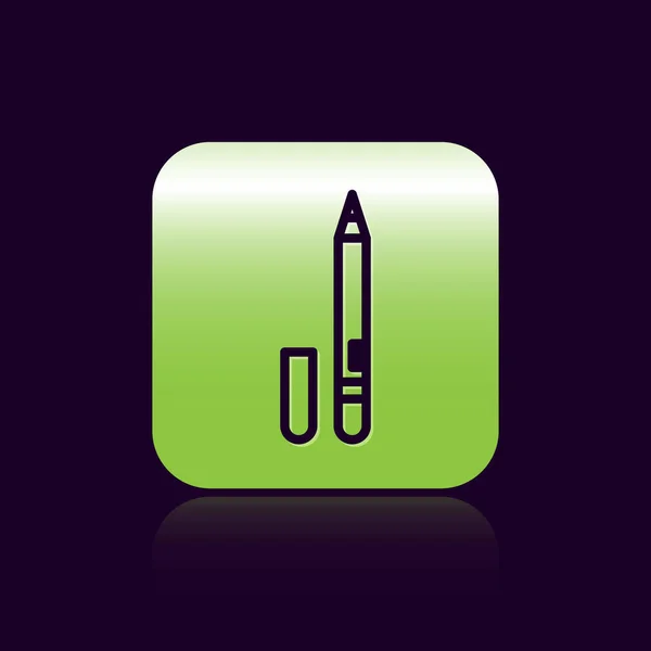 Black line Eyeliner, eyebrow icon isolated on black background. Pencil for eyes. Green square button. Vector Illustration — ストックベクタ