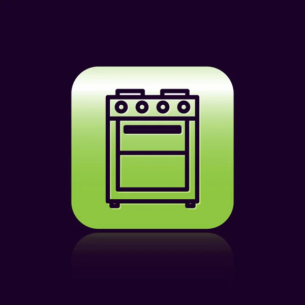 Black line Oven icon isolated on black background. Stove gas oven sign. Green square button. Vector Illustration — Stock Vector