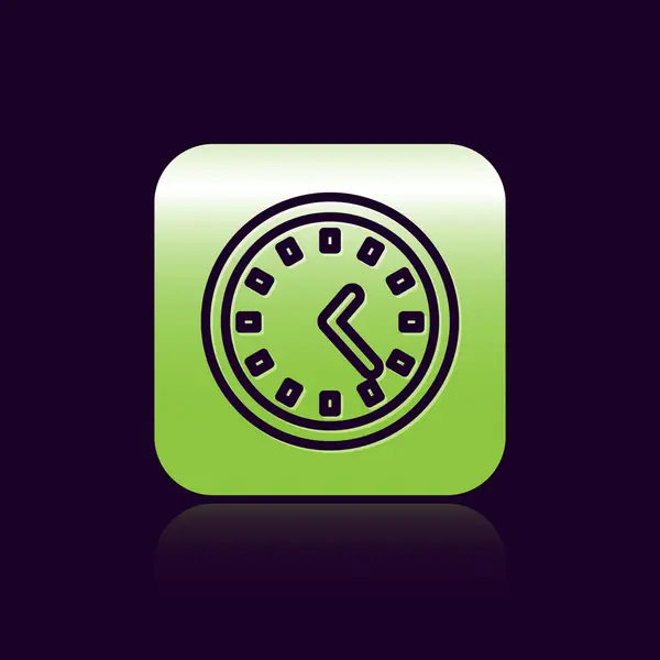 Icono de reloj de línea negra aislado sobre fondo negro. Símbolo de tiempo. Botón cuadrado verde. Ilustración vectorial — Archivo Imágenes Vectoriales