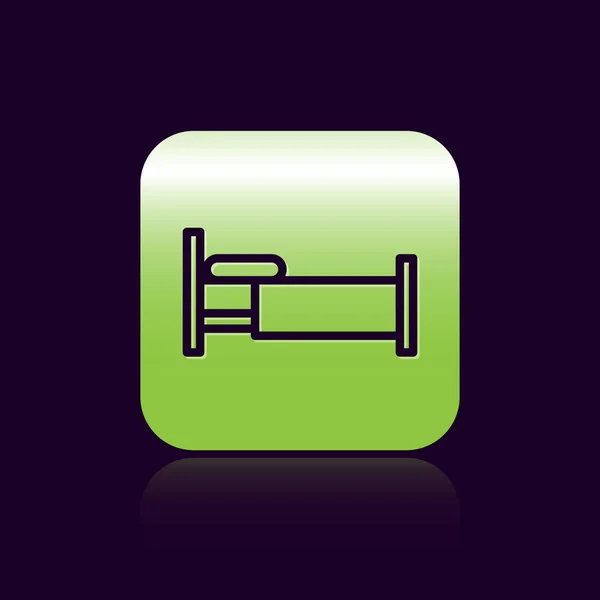 Ligne noire Icône de lit isolé sur fond noir. Bouton carré vert. Illustration vectorielle — Image vectorielle