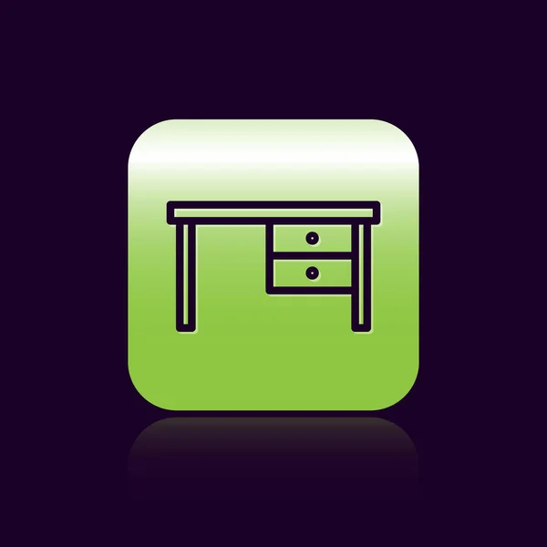 Black line Office desk icon isolated on black background. Green square button. Vector Illustration — 스톡 벡터
