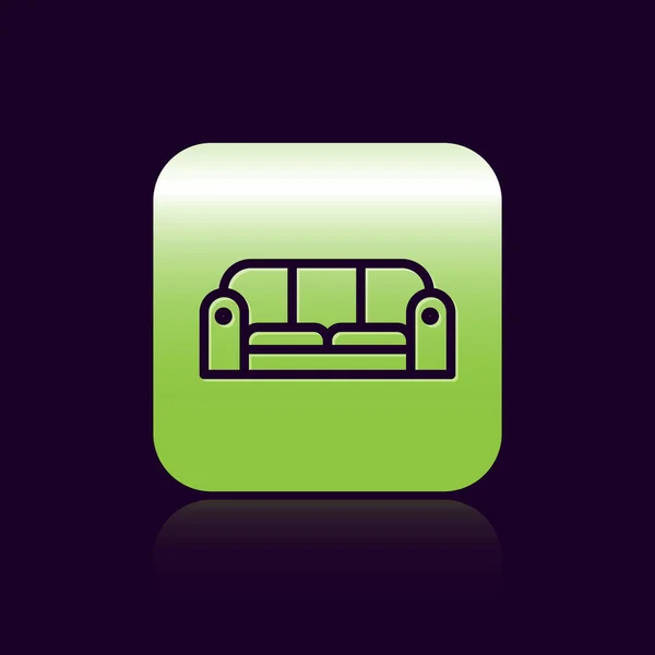 Linha preta ícone do sofá isolado no fundo preto. Botão quadrado verde. Ilustração vetorial — Vetor de Stock