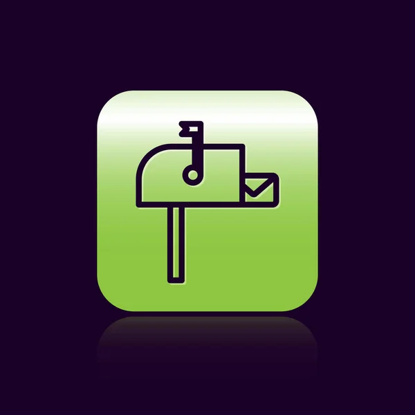 Black line Open mail box icon isolated on black background. Mailbox icon. Mail postbox on pole with flag. Green square button. Vector Illustration — 스톡 벡터