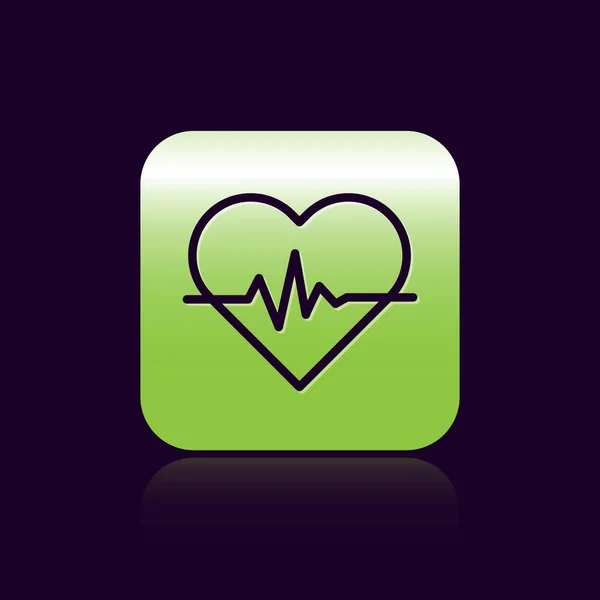 Black line Heart rate icon isolated on black background. Heartbeat sign. Heart pulse icon. Cardiogram icon. Green square button. Vector Illustration — 스톡 벡터