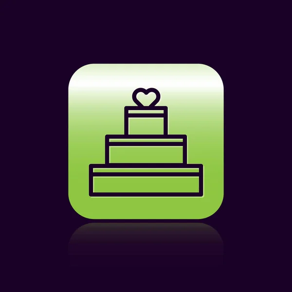 Línea negra Pastel de boda con icono del corazón aislado sobre fondo negro. Símbolo de San Valentín. Botón cuadrado verde. Ilustración vectorial — Vector de stock